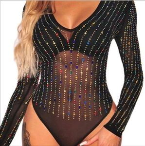 NWOT Sheer Mesh Black Rainbow Gem Rhinestone Long Sleeve Bodysuit Size Medium
